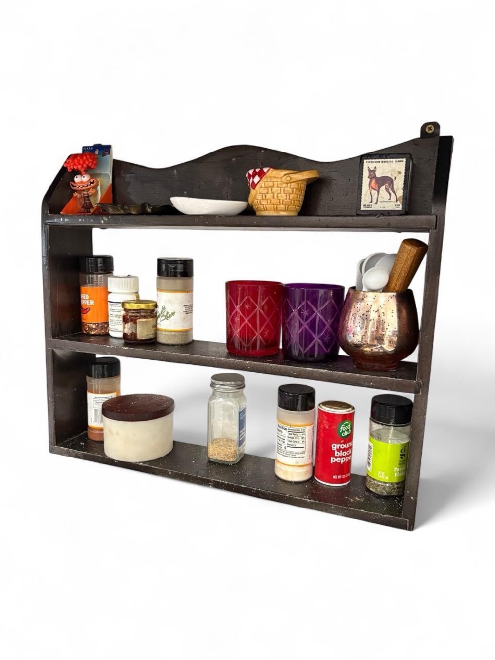Vintage Dark Wood 3-Tier Wall Shelf / Spice Rack – Scalloped Cottagecore Display